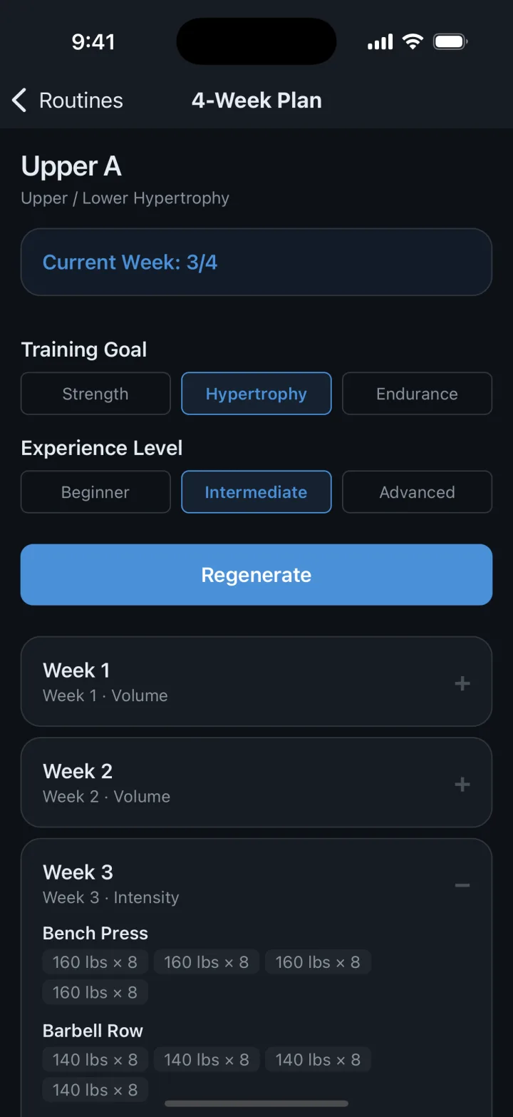 4-week plan with goal, experience level and weekly targets
