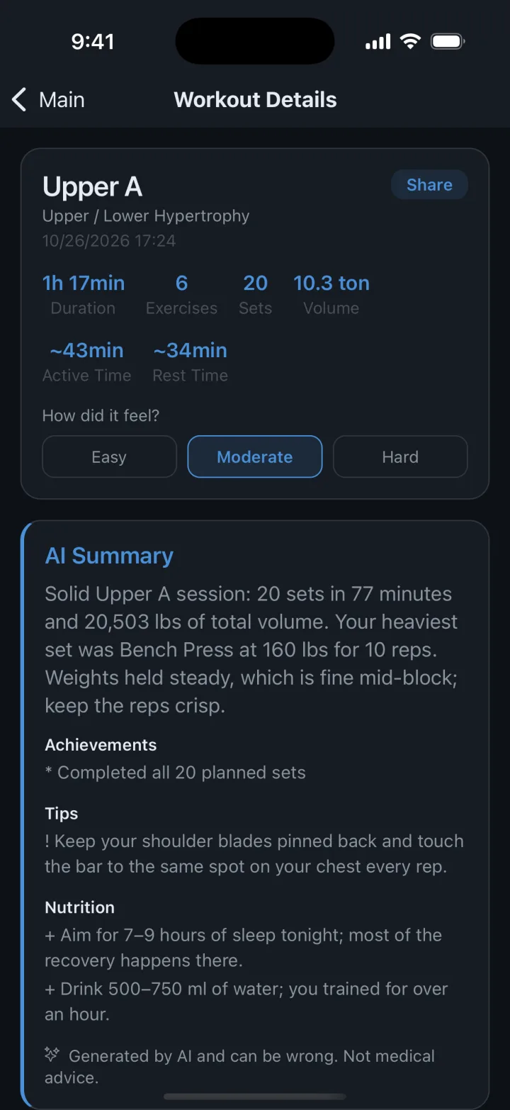 Workout details with an AI summary, achievements and tips