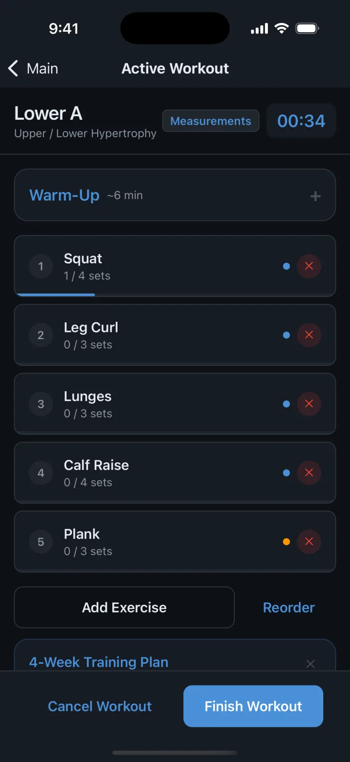 Active workout with exercises and set progress